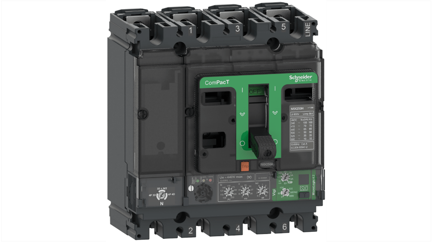 Interruttore magnetotermico scatolato Schneider Electric, 4 poli, 100A, montaggio fisso, con unità MicroLogic 4.2.