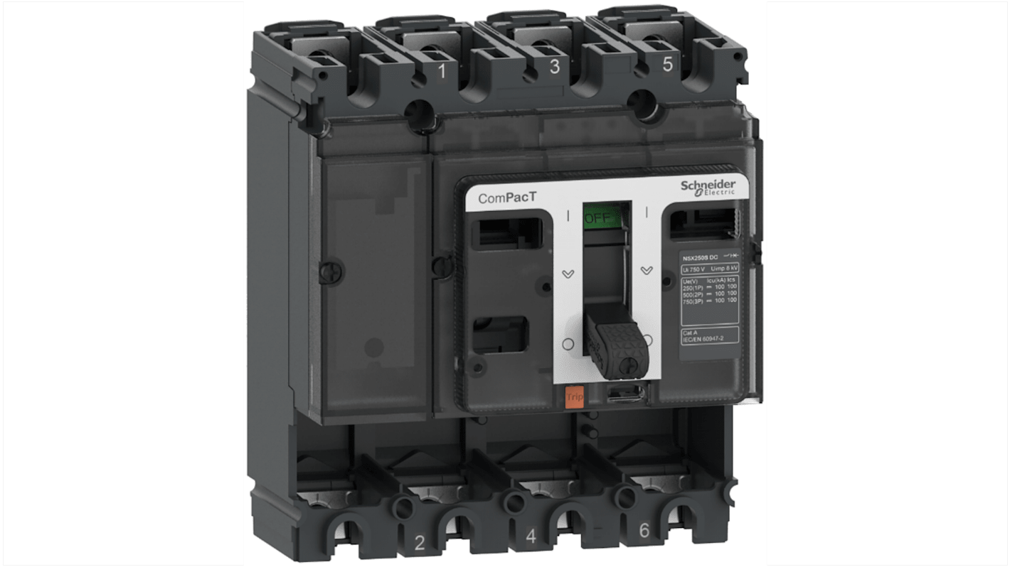Interruttore magnetotermico scatolato Schneider Electric C25S4D, 4 poli, 250A, montaggio fisso, design ergonomico per installazione.