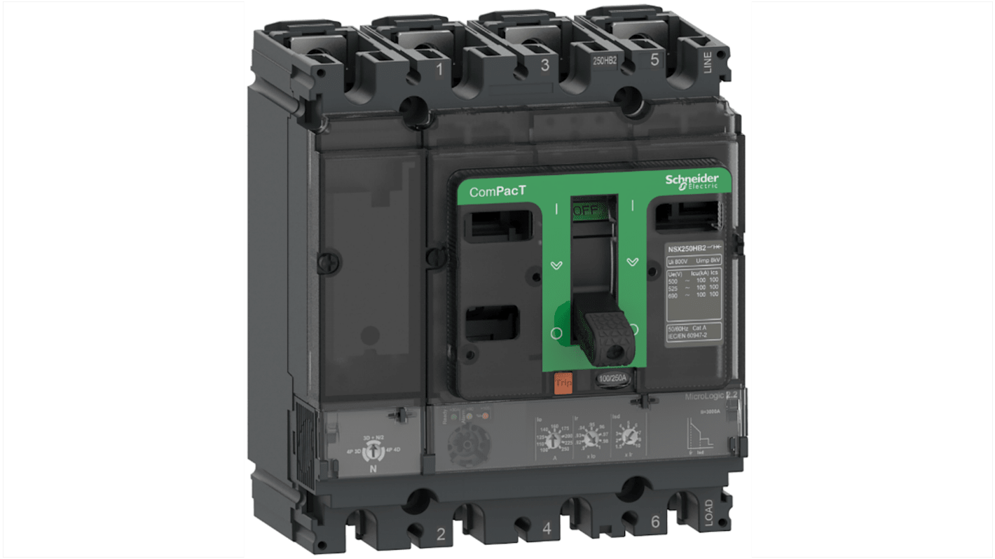 Interruttore magnetotermico scatolato Schneider Electric, 4 poli, 160A, montaggio fisso, con unità MicroLogic 2.2.