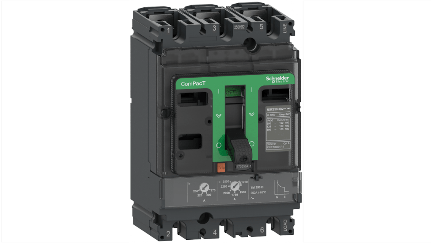 Interruttore magnetotermico scatolato Schneider Electric, 3 poli, 125A, montaggio fisso, protezione istantanea fissa.