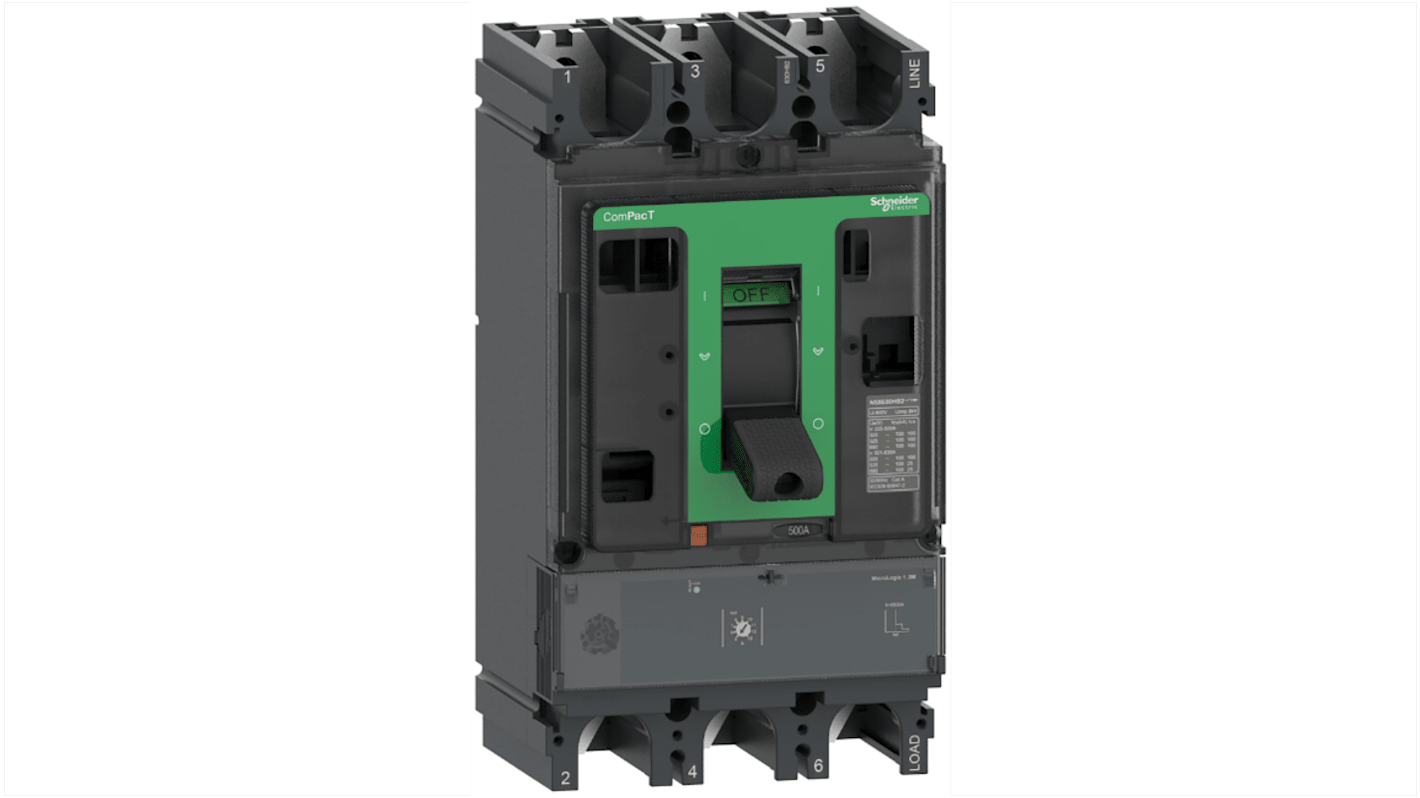 Interruttore magnetotermico scatolato Schneider Electric, 3 poli, 320A, montaggio fisso, design ergonomico per cablaggio semplificato.