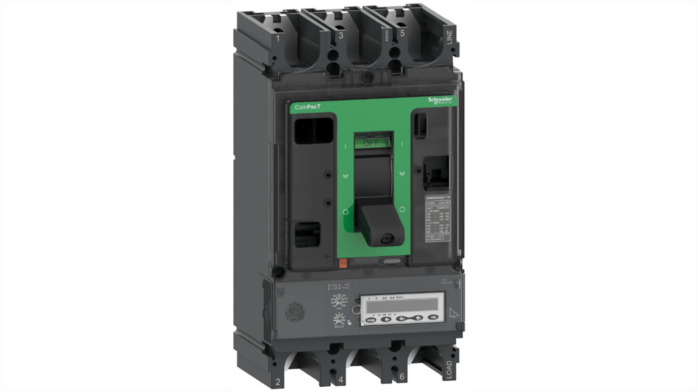 Interruttore magnetotermico scatolato Schneider Electric, 3 poli, 400A, montaggio fisso, con protezione regolabile e design ergonomico.