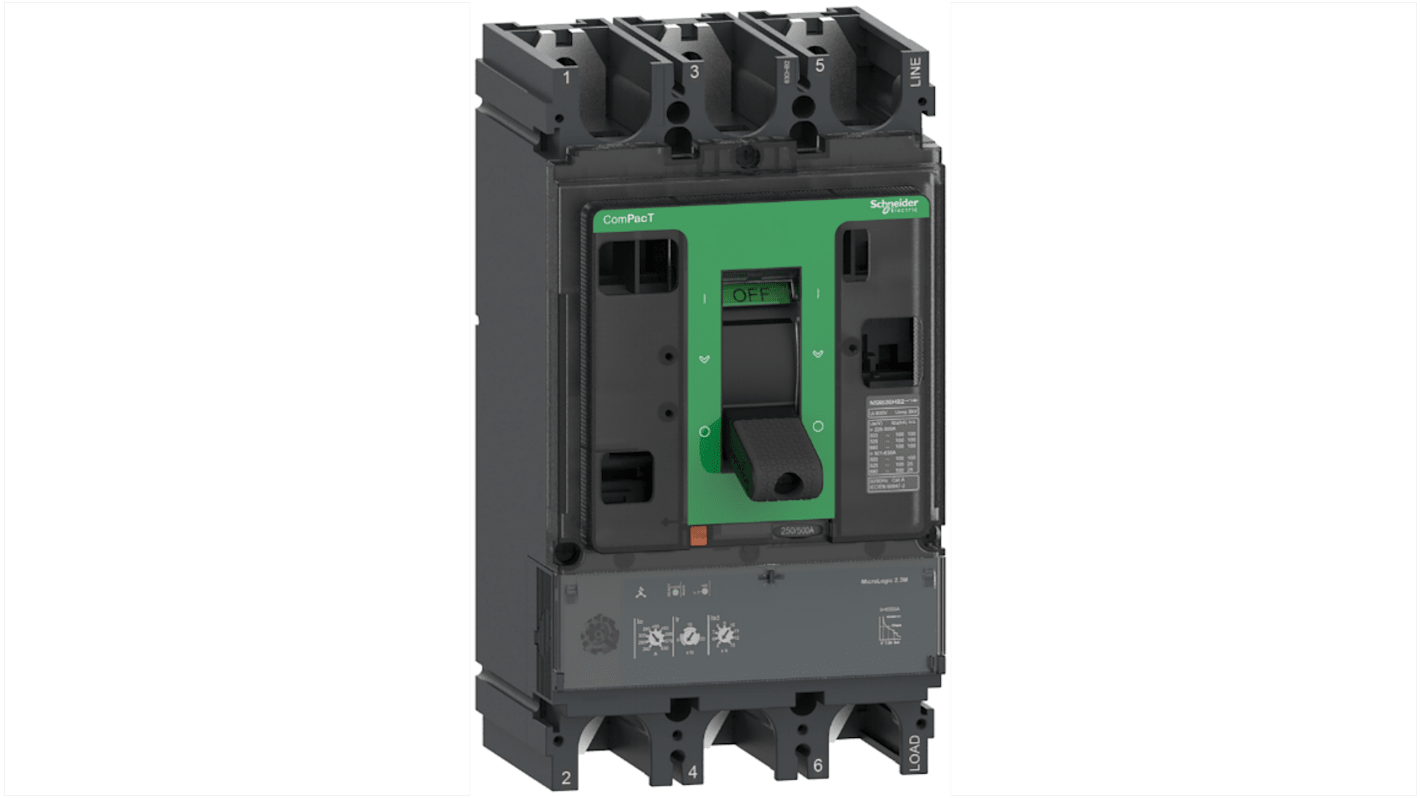 Interruttore magnetotermico scatolato Schneider Electric C63H32M500, 3 poli, 500A, montaggio fisso, con protezione istantanea fissa.