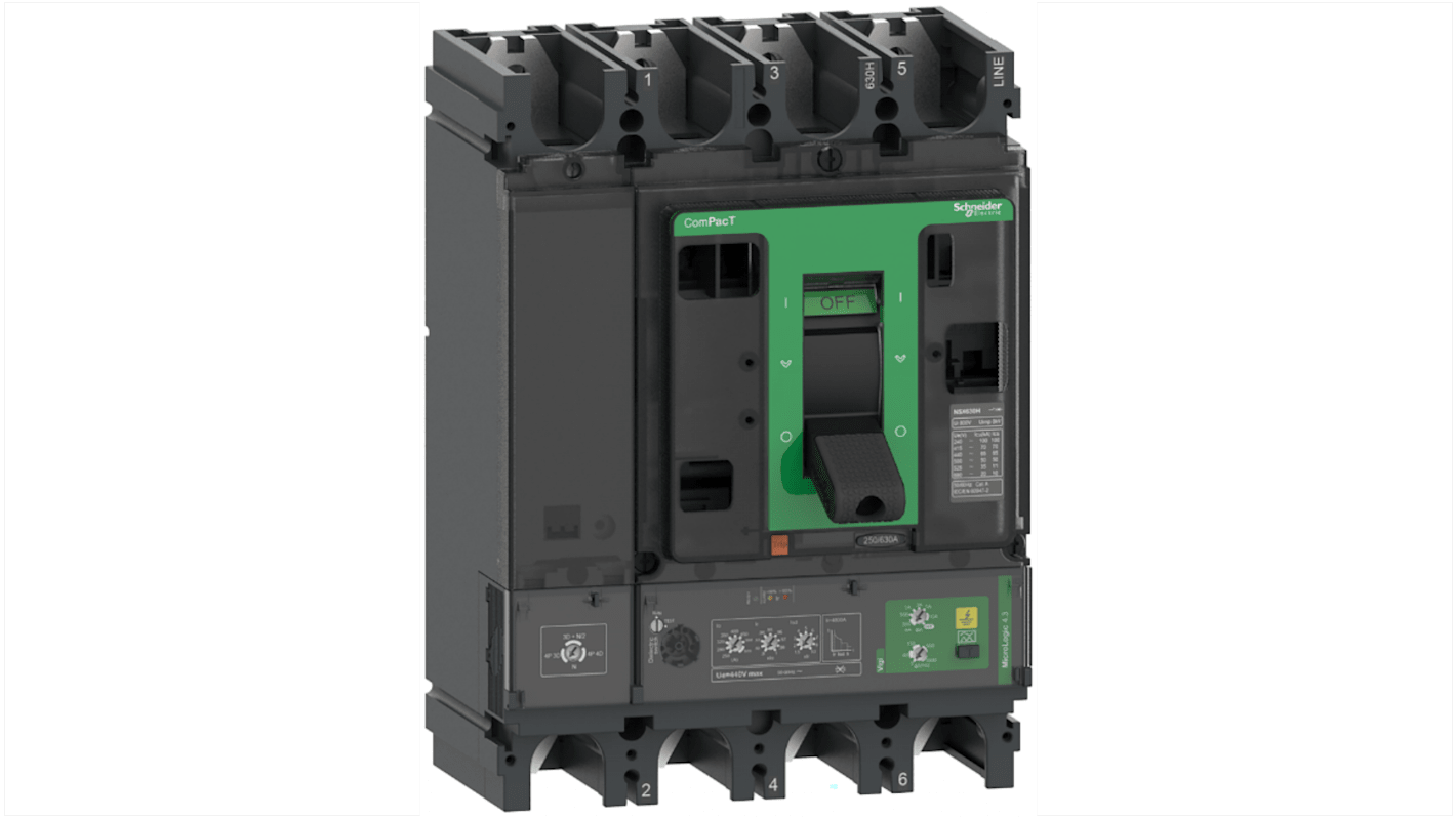Interruttore magnetotermico scatolato Schneider Electric C63H44V570, 4 poli, 570A, montaggio fisso, protezione istantanea fissa.