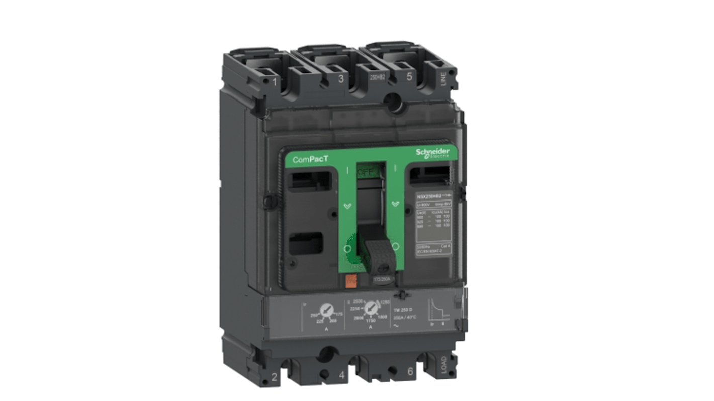 Interruttore magnetotermico scatolato Schneider Electric C10F3TM080, 3 poli, 80A, montaggio fisso, protezione sovraccarico regolabile.