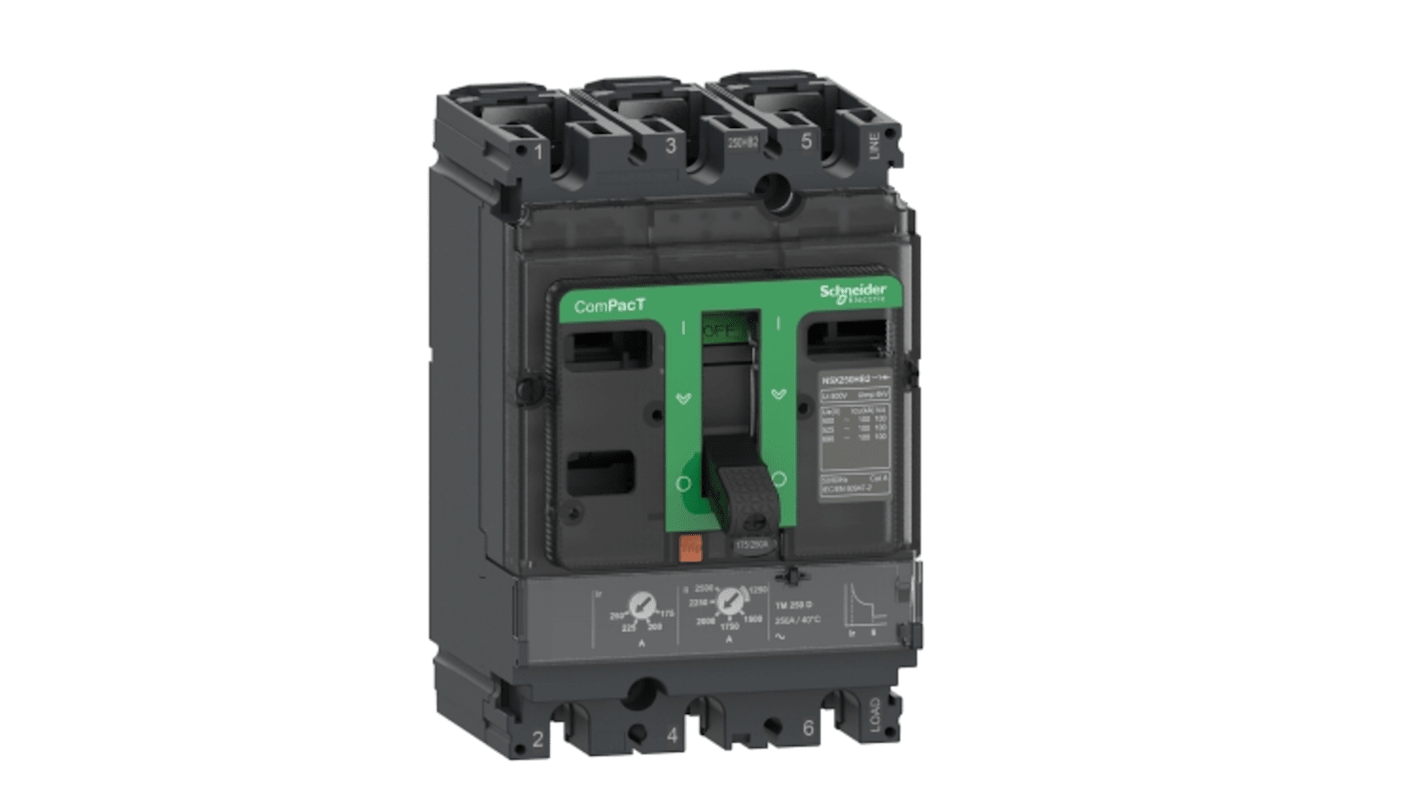 Interruttore magnetotermico scatolato Schneider Electric, 3 poli, 63A, montaggio fisso, protezione sovraccarico regolabile.