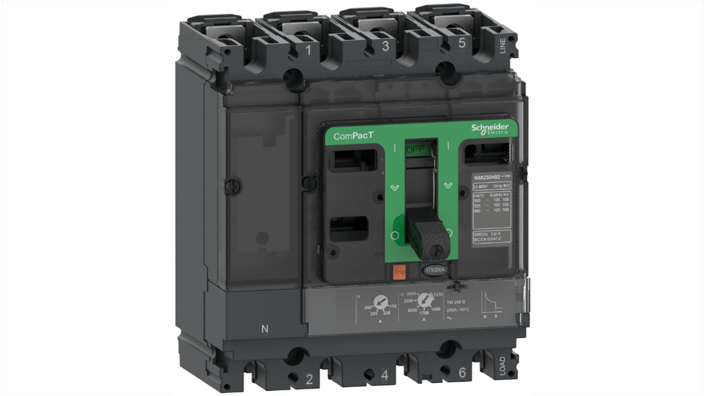 Interruttore magnetotermico scatolato Schneider Electric C10N4TM032, 4 poli, 32A, montaggio fisso, protezione da sovraccarico regolabile.