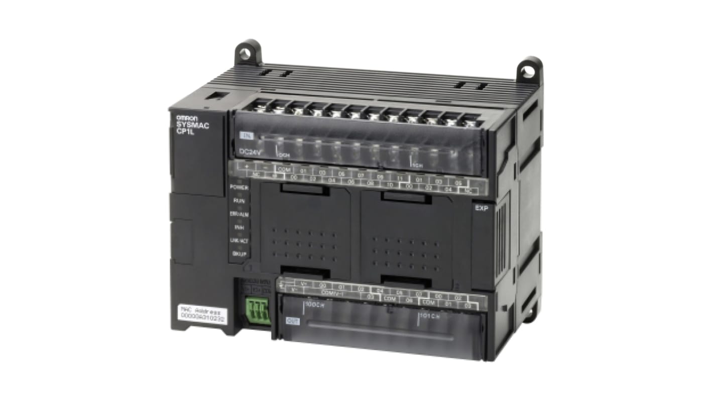 CPU PLC Omron CP1L-EM30DT-D, 18 ingressi e 12 uscite, tensione 24 V c.c., interfaccia USB per programmazione.