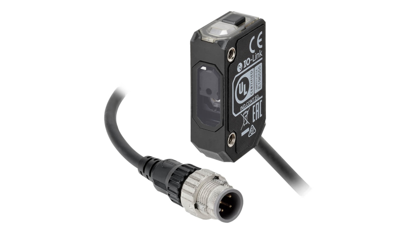 Sensore fotoelettrico Omron E3AS-F1000IPN-M1TJ 0.3M, rettangolare, rilevamento fino a 1000 mm, uscita NPN, connettore M12 a 4 pin.