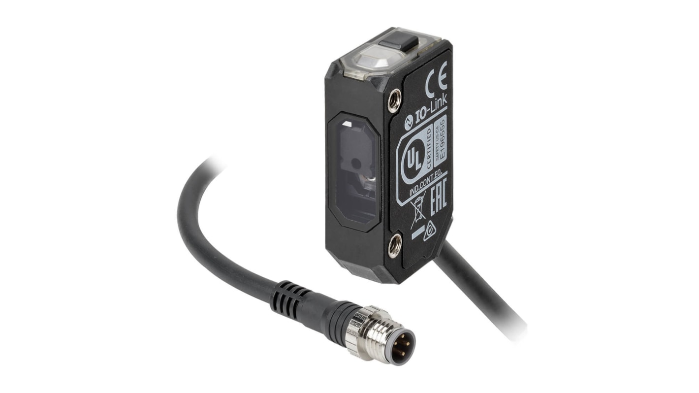 Sensore fotoelettrico rettangolare Omron E3AS-F1000IPT-M3J 0.3M, rilevamento fino a 1000 mm, uscita PNP, connettore M8 a 4 pin.