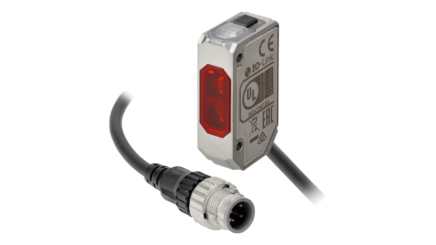 Sensore fotoelettrico rettangolare Omron E3AS-L200MN-M1TJ 0.3M, rilevamento 200 mm, uscita NPN, connettore M12 a 4 pin.