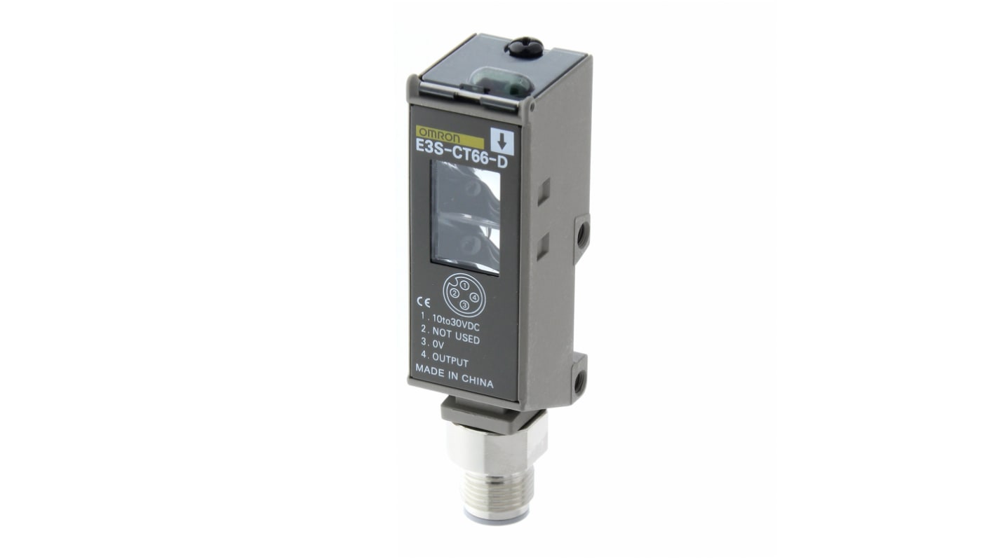 Sensore fotoelettrico Omron E3S-CT66-D, rettangolare a fascio passante, rilevamento fino a 30 m, uscita NPN/PNP, connettore M12 a 4 pin.