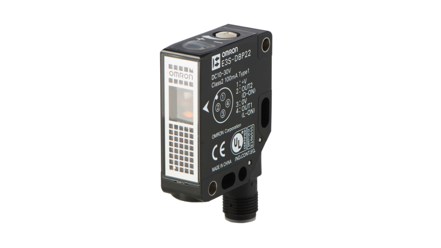 Sensore fotoelettrico rettangolare Omron E3S-DBP21T, rilevamento fino a 4500 mm, uscita PNP, connettore M12 a 4 pin.