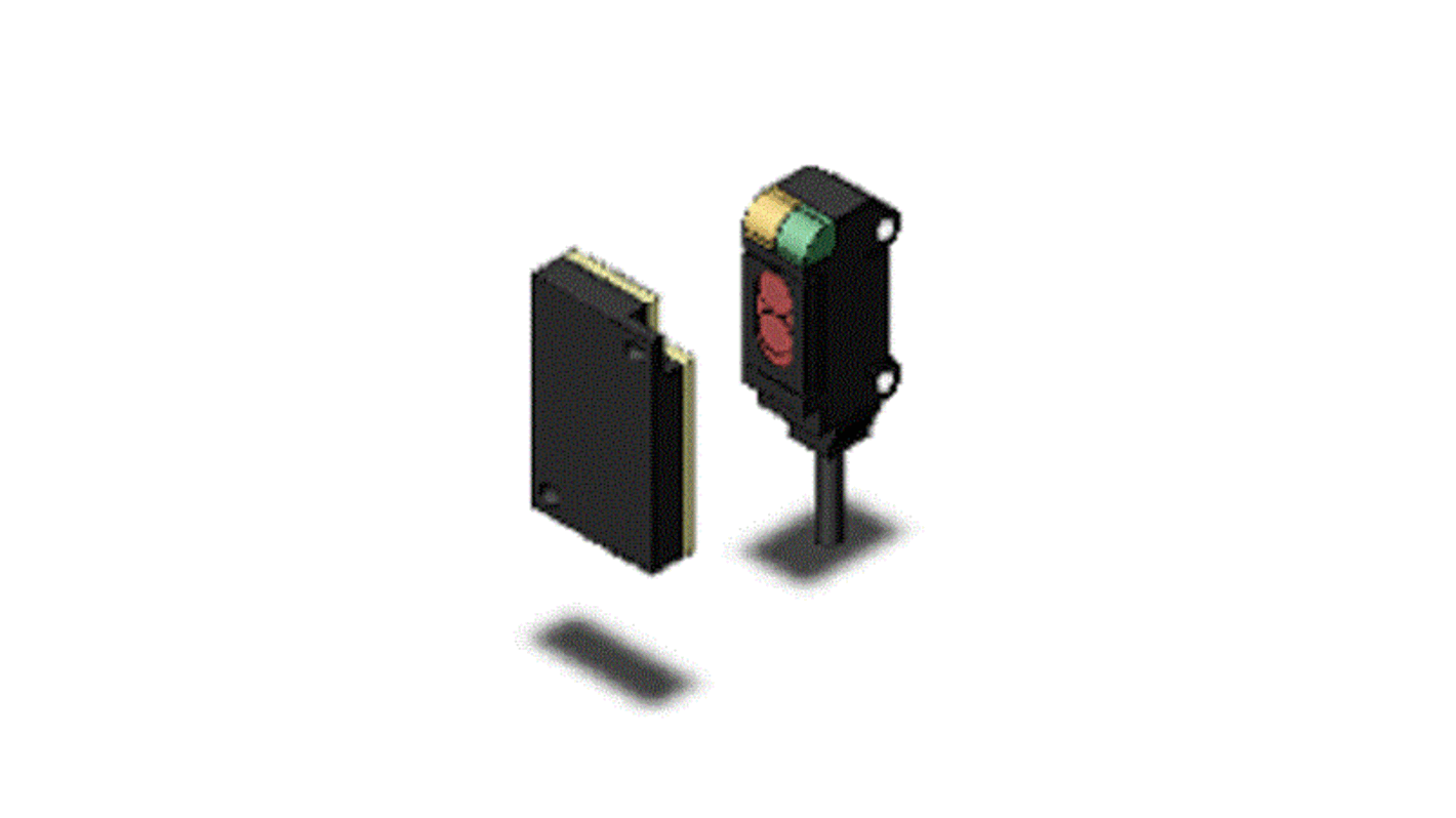 Sensore fotoelettrico Omron E3T-SR43 2M a retroriflessione, rilevamento fino a 200 mm, uscita PNP, alimentatore integrato.