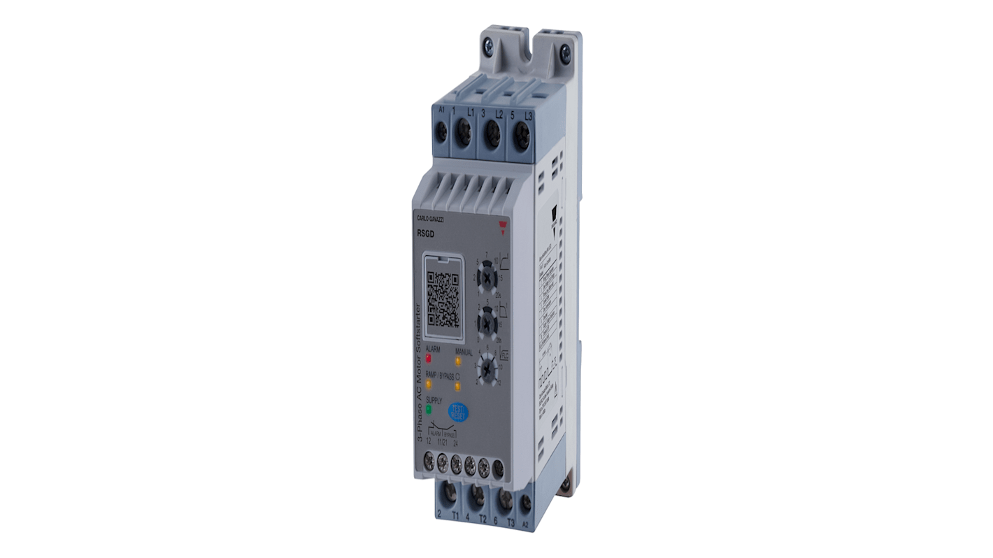 Avviatore soft-start Carlo Gavazzi RSGD4012F0VD210C per motori trifase, 12 Amp, 400 V, IP20, con protezione sovraccarico e comunicazione Modbus.
