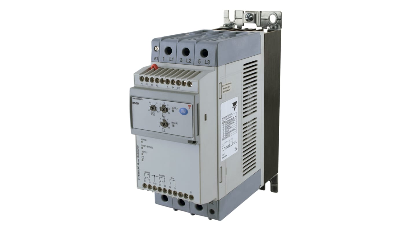 Avviatore soft-start Carlo Gavazzi RSGD6085FFVX310C, 2 fasi, 85 A, 600 V, compatto, con protezione sovraccarico e comunicazione Modbus. Dimensioni: 274 x 264 x 117 mm.