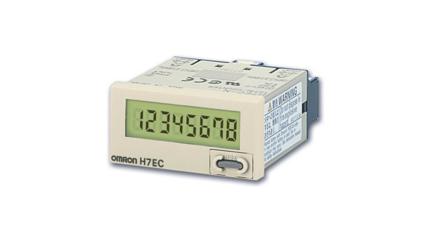 Contatore Omron H7EC-N con display LCD 8 cifre, 1kHz. Installazione a vite, senza tensione. Ideale per uso industriale.