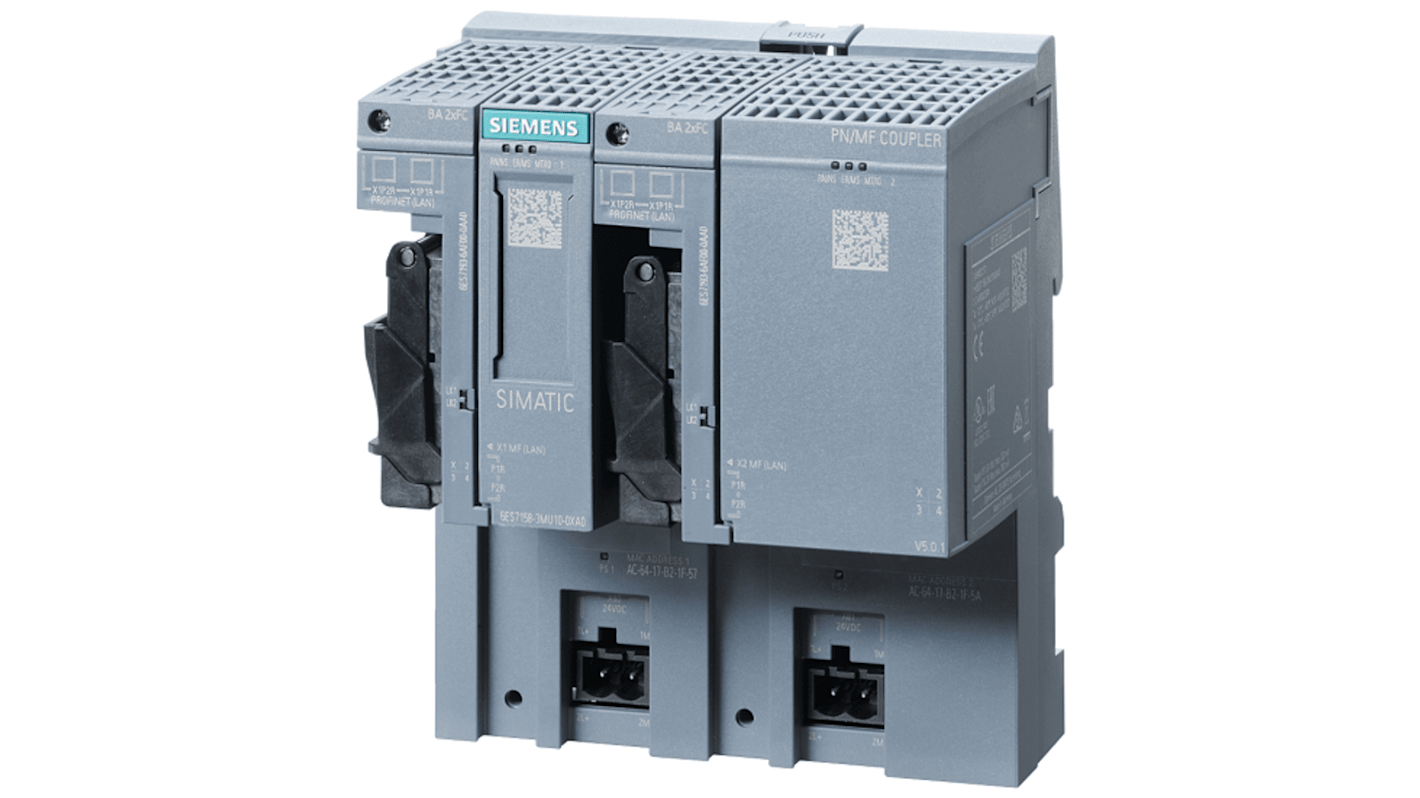 Accoppiatore multi-fieldbus Siemens 6ES71583MU100XA0, compatibile con SIMATIC, dimensioni 117 x 100 x 74 mm, supporta protocollo IO PROFINET.