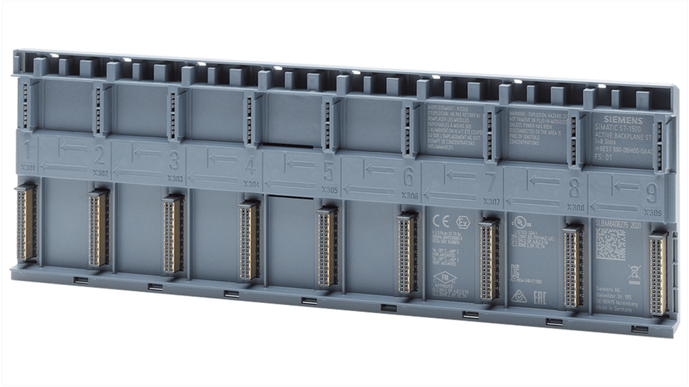 Backplane attivo Siemens 6ES75900BH000AA0 per guida DIN, 8 slot I/O S7-1500, dimensioni 99 x 294 x 14 mm.