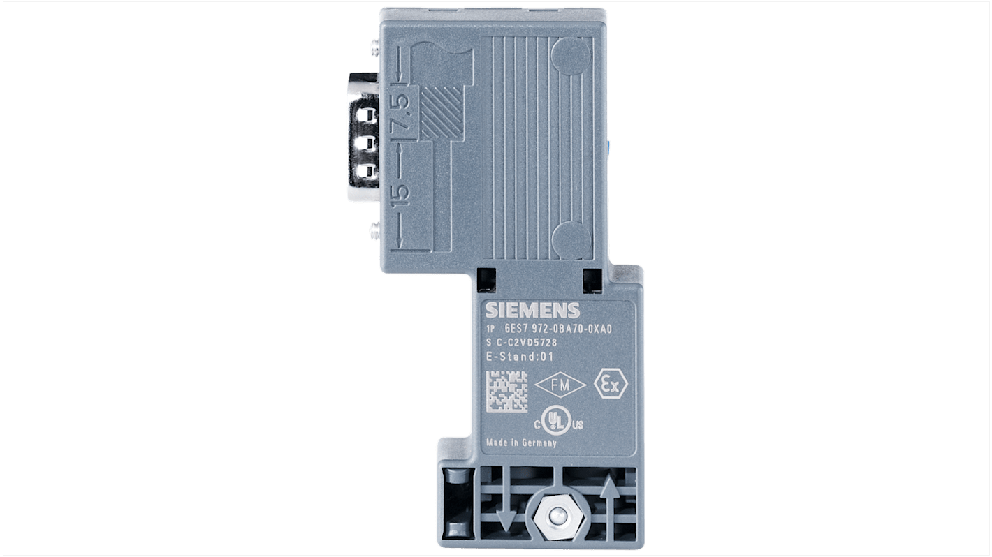 Connettore bus Siemens 6ES79720BA700XA0, maschio RS 485 per PROFIBUS, grado di protezione IP20, dimensioni 15,8 x 72,2 x 36,4 mm.