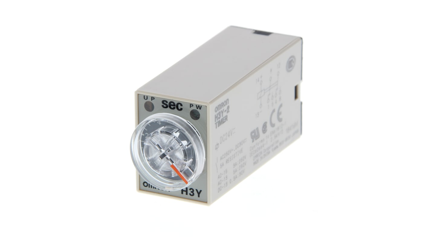 Timer relay Omron H3Y-2 AC24 10S, 4 poli DPDT, alimentazione 24 V c.a., intervallo 0,5-10 s, montaggio a innesto.