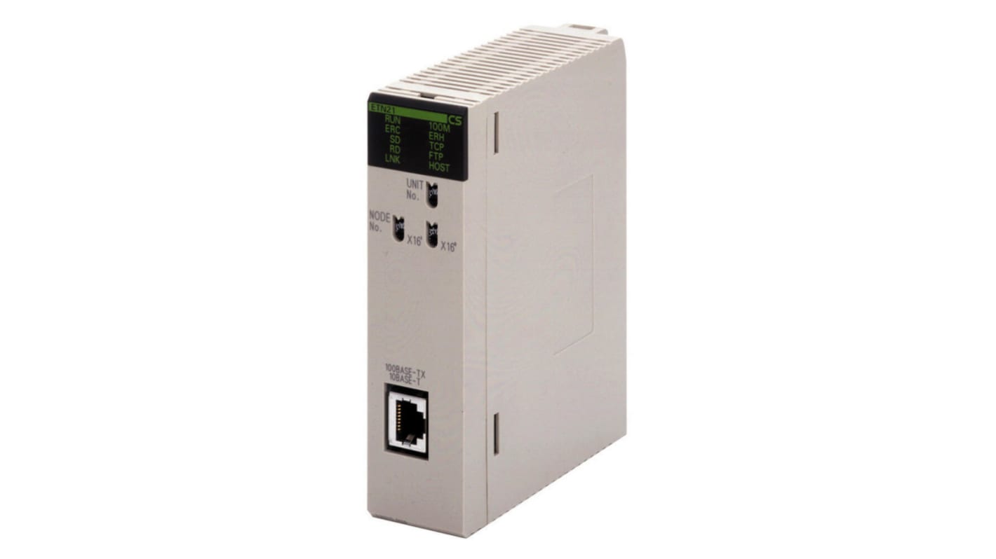 Modulo Ethernet Omron CS1W-ETN21 per rete di controllo, dimensioni 35 x 130 x 101 mm, supporta protocolli UDP/IP e TCP/IP.