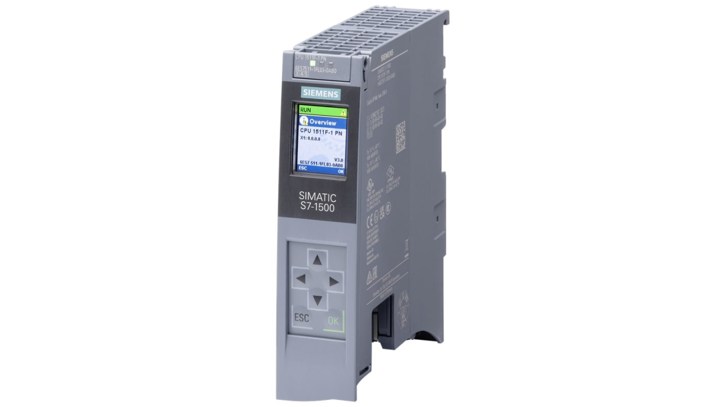 CPU PLC Siemens 6ES7511-1FL03-0AB0, 20 I/O digitali, 24 V, interfaccia RJ45, dimensioni 35 x 147 x 129 mm.