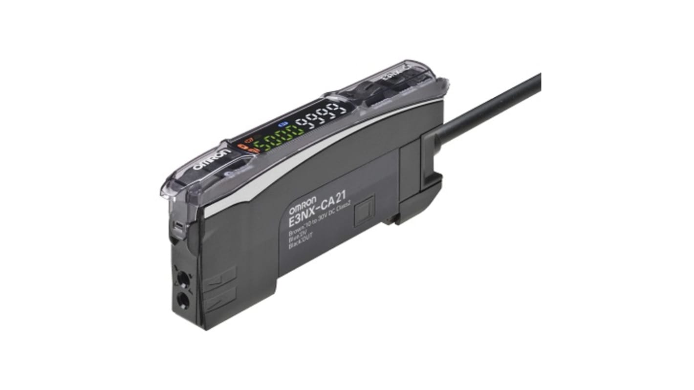 Sensore PNP Omron E3NX-CA51 2M per fibre ottiche, cavo 2 m, alimentazione 10-30 V, montaggio su guida, grado di protezione IP50.