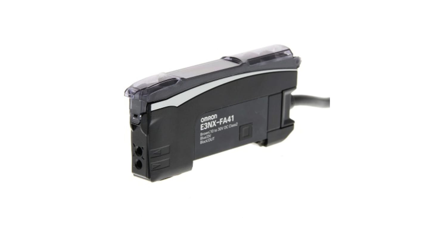 Sensore per fibre ottiche NPN Omron E3NX-FA11AN 2M, cavo 2 m, alimentazione 10-30 V, montaggio su guida, IP50.