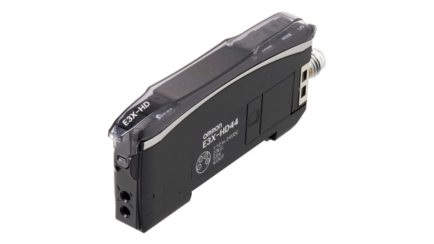 Sensore per fibre ottiche NPN Omron E3X-HD14, con connettore M8, grado di protezione IP50, montaggio su guida.
