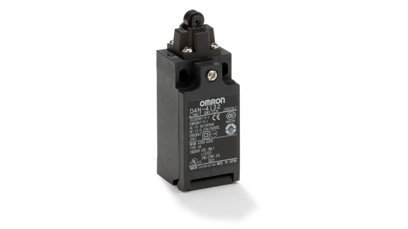 Interruttore di fine corsa Omron D4N1F32, miniaturizzato, con contatti placcati oro per carichi standard e microcarichi. Accessori inclusi.