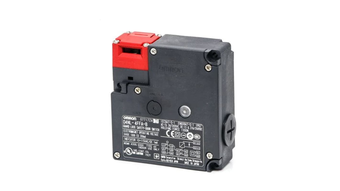 Interruttore di interblocco di sicurezza Omron D4NL-4DFG-B, 24V cc, 2 NC/NO, grado di protezione IP67, forza di tenuta 1300 N.