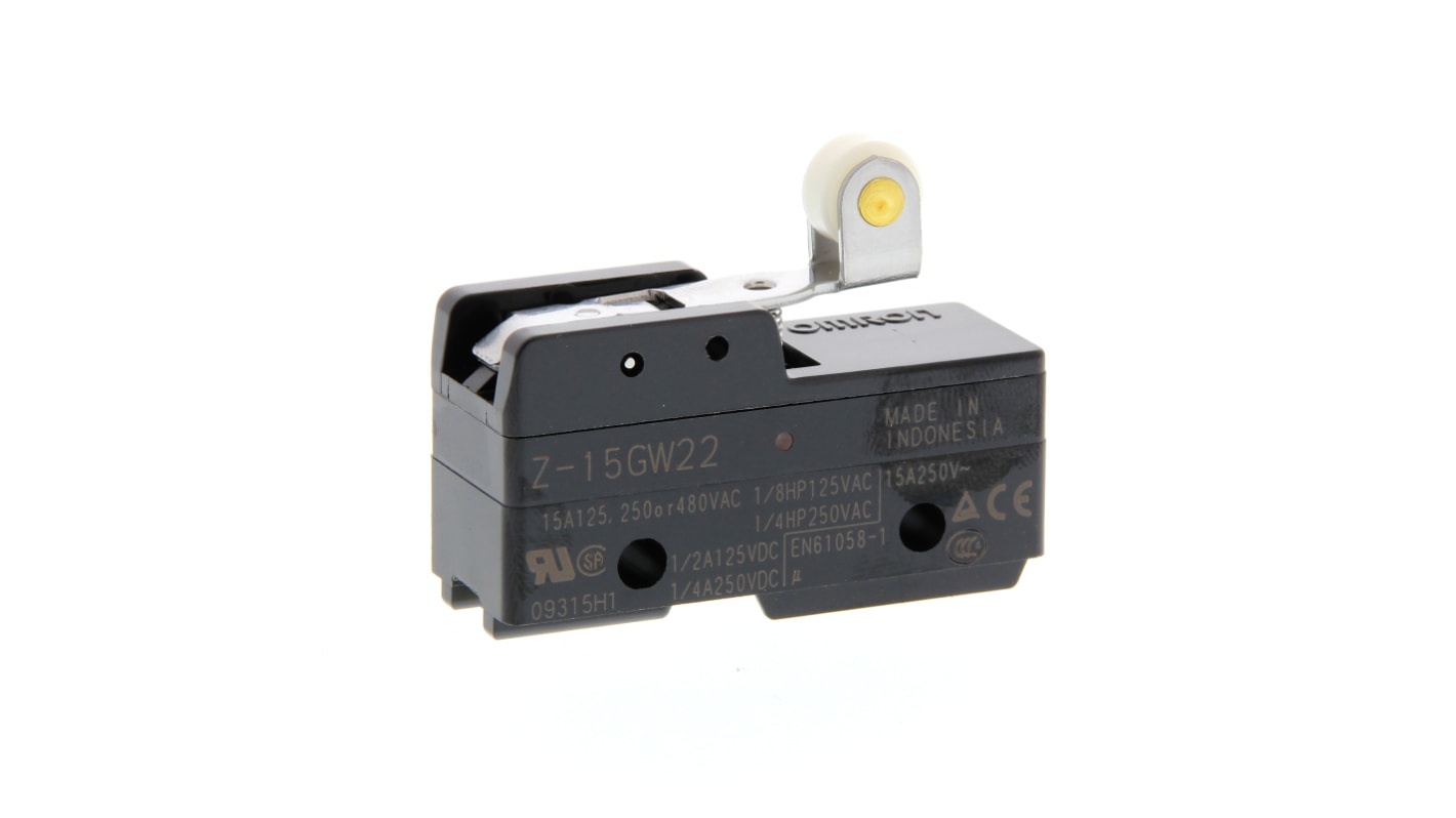 Microinterruttore Omron Z-15GW22S SPDT, 15A, attuatore a leva, saldabile, temperatura -25 a 80°C, grado di protezione IP00.