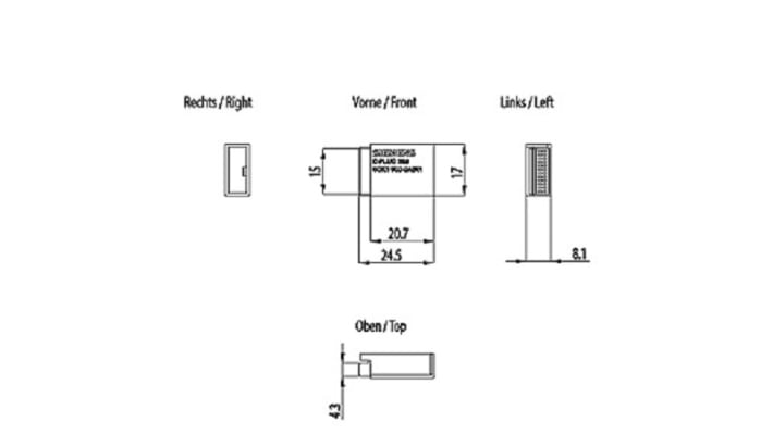Modulo di memoria Siemens 6GK1900-0AB01 per CP 343-1 Advanced, 256 Mibyte, C-PLUG rimovibile, dimensioni 17 x 24 x 8 mm.