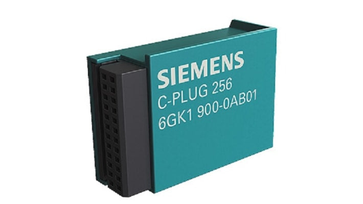 Modulo di memoria Siemens 6GK1900-0AB01 per CP 343-1 Advanced, 256 Mibyte, C-PLUG rimovibile, dimensioni 17 x 24 x 8 mm.