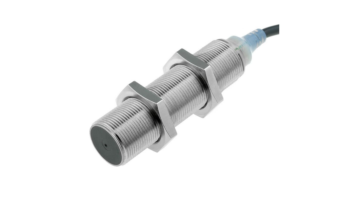 Sensore di prossimità cilindrico NPN Omron E2A-S18LS08-WS-C1 2M, corpo in acciaio inox, distanza di rilevamento 8 mm, cavo 2 m.