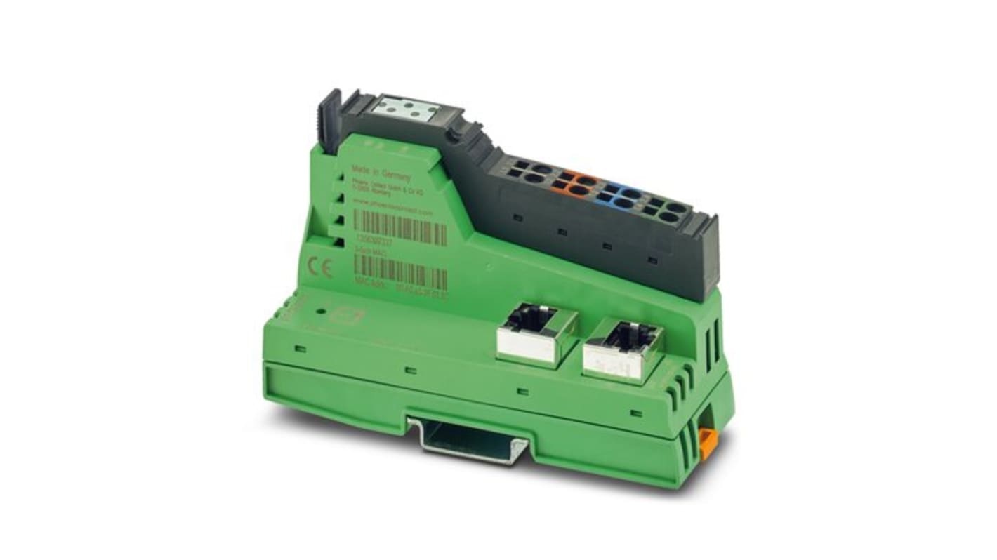 Accoppiatore bus Phoenix Contact 2702372 per reti Modbus/TCP, 2 porte Ethernet, dimensioni 119,4 x 40 x 71,5 mm.