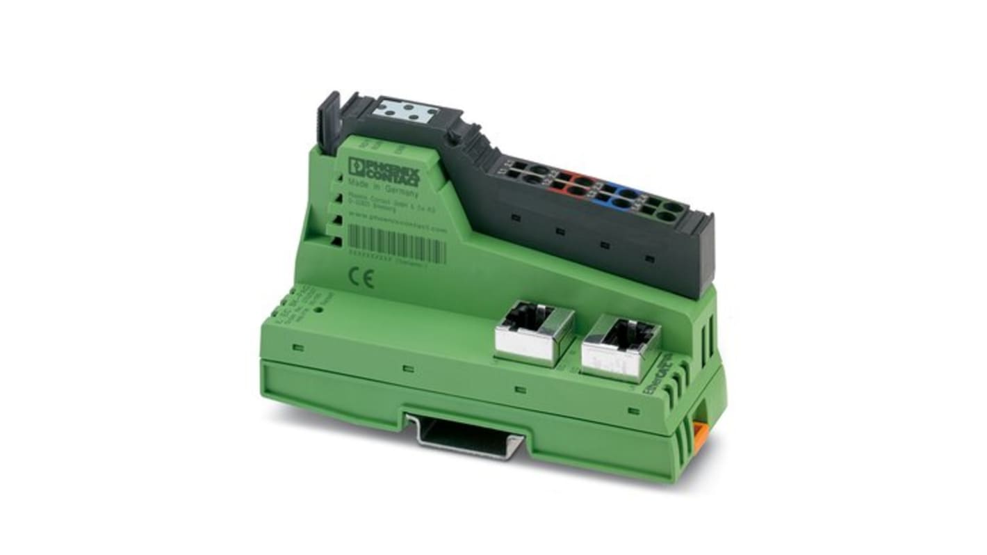 Accoppiatore bus Phoenix Contact 2702507 per reti EtherCAT, 2 RJ45, supporta 63 dispositivi, dimensioni 119,4 x 40 x 71,5 mm.
