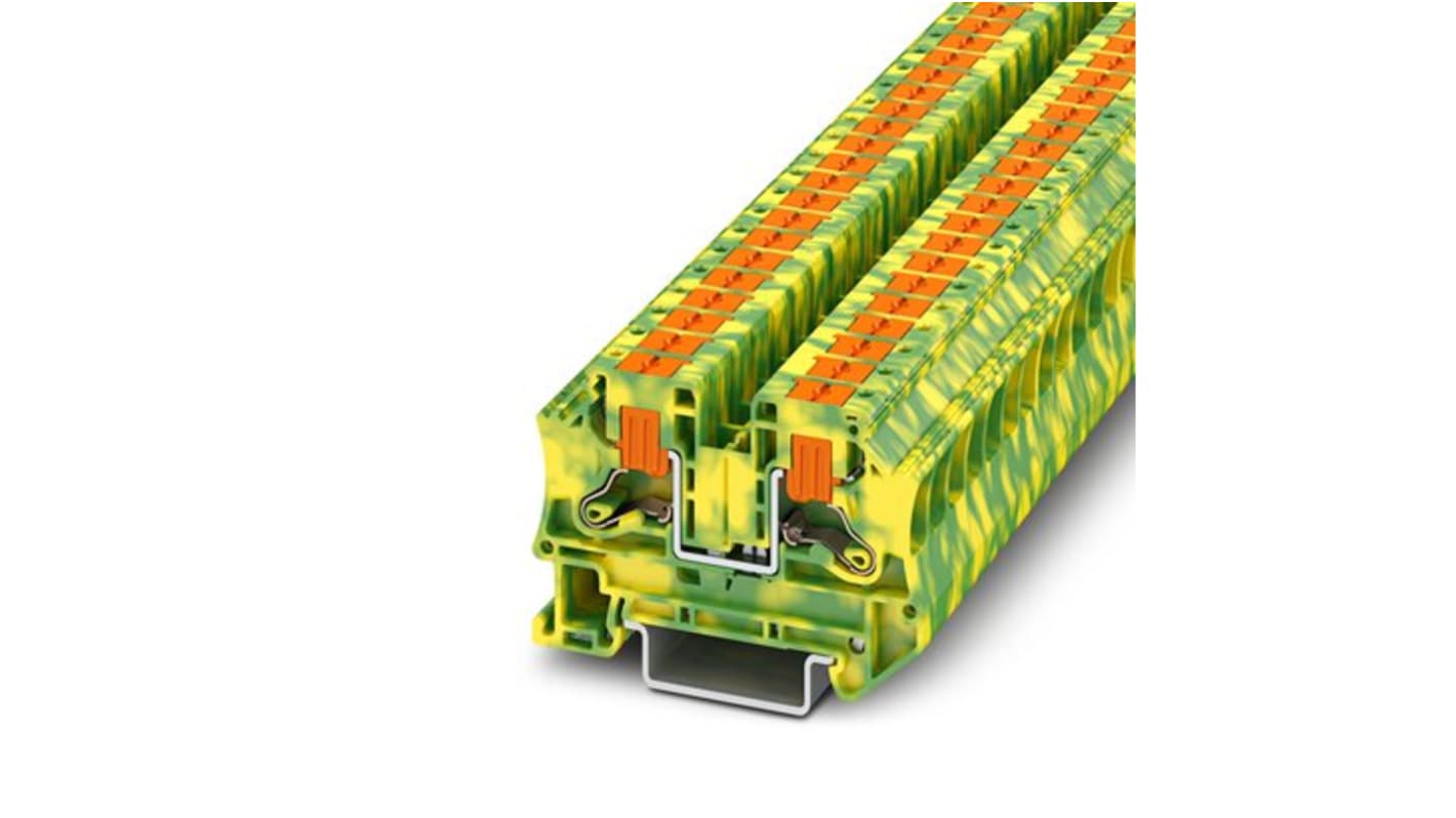 Morsettiera di terra modulare Phoenix Contact 1116736 con 2 collegamenti, design compatto per cablaggi in spazi ristretti. Colore verde-giallo.