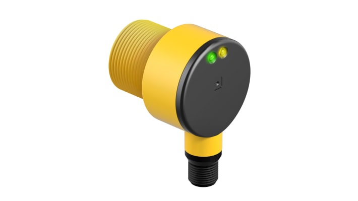 Sensore fotoelettrico cilindrico a retroriflessione Banner T30SP6LPQ, rilevamento 50 mm a 6 m, uscita PNP, IP69K.