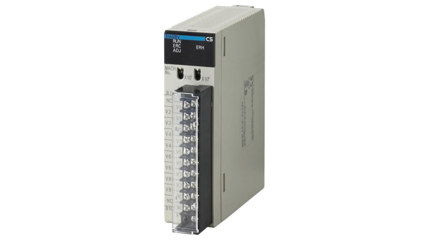 Modulo I/O Omron CS1W-DA08-V, unità con 8 uscite analogiche, dimensioni 130 x 35 x 126 mm, risoluzione 12 bit.
