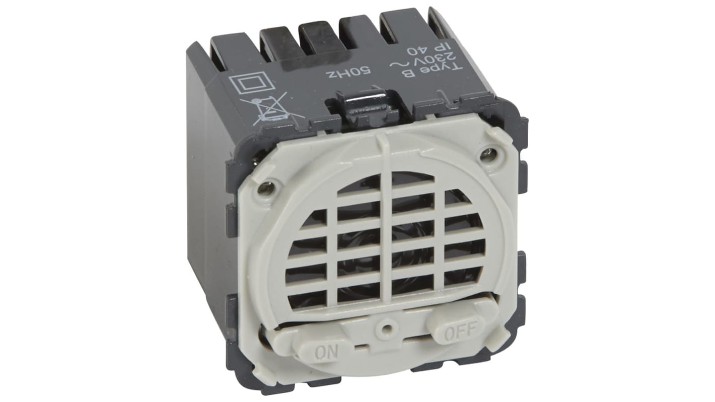 Legrand 0 675 41, segnalatore acustico elettronico 230 V, emissione sonora 53-80 dB, grado di protezione IP41, custodia grigia.
