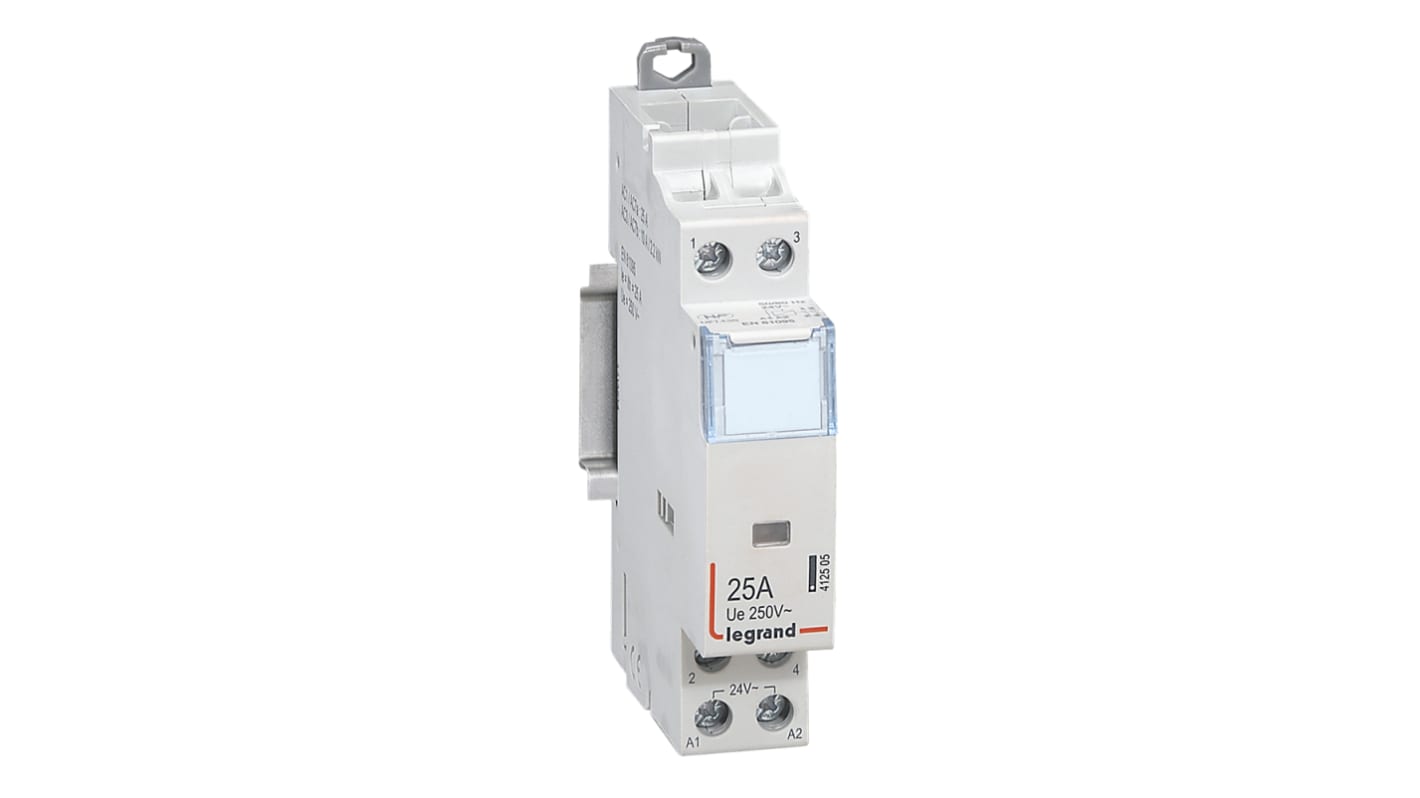 Contattore Legrand 412505, 2 poli 2NO, 25 A, 3 kW, bobina 24 V, IP2X, configurazione senza controllo manuale.
