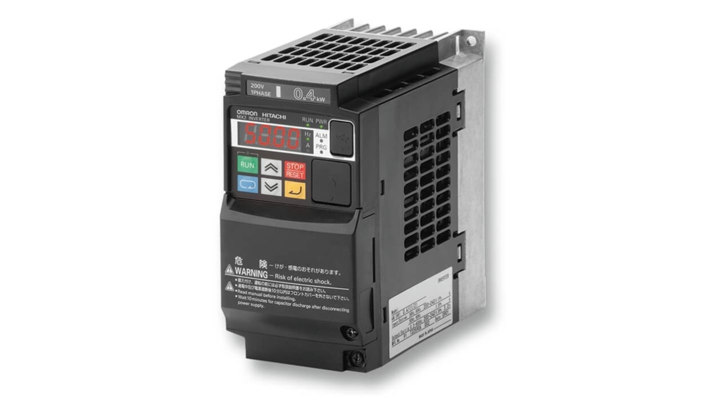 Inverter trifase Omron 3G3MX2-A4150-E, potenza 18,5 kW, alimentazione 400 V, corrente 38 A, frequenza 580 Hz.
