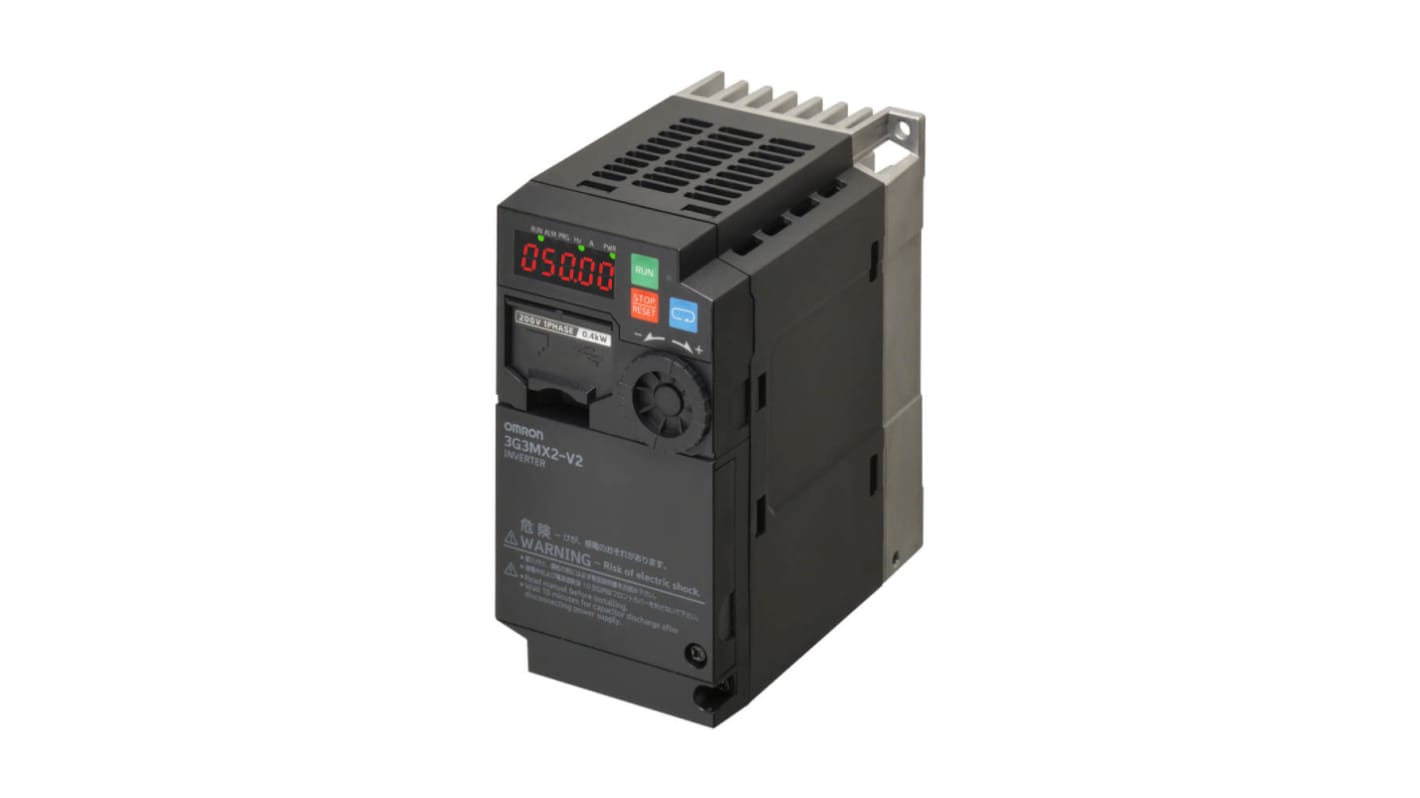 Inverter Omron 3G3MX2-AB002-E, potenza 0,4 kW, 1 fase, 200 V, controllo vettoriale, porta USB per programmazione.