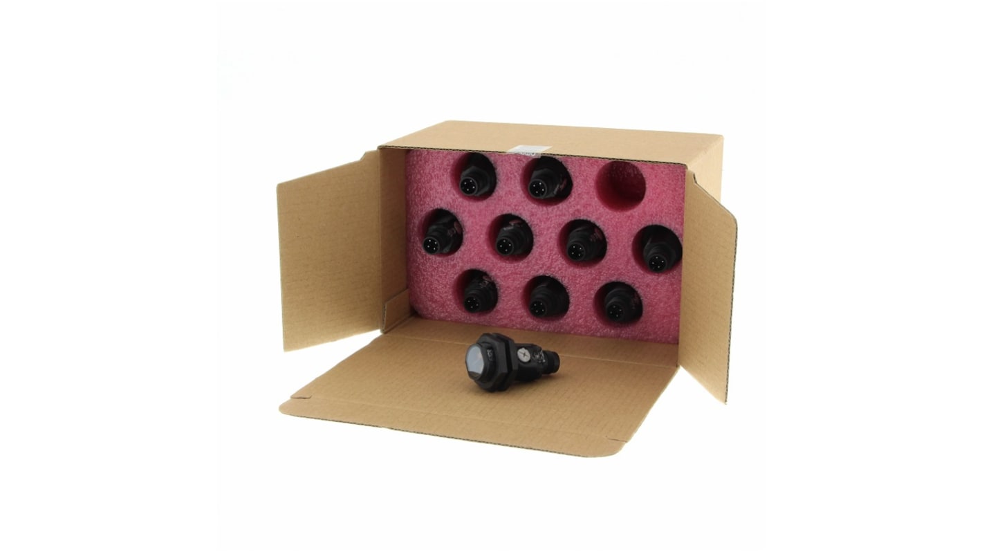 Sensore fotoelettrico Omron E3F1-DP22-10, cilindrico M18, rilevamento 100-300 mm, uscita NPN, connettore M12.