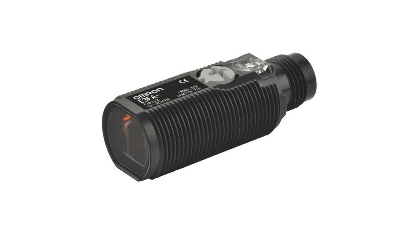 Omron E3FA-DN21, sensore fotoelettrico cilindrico a diffusione, rilevamento 100 mm, uscita NPN, robusto e impermeabile.