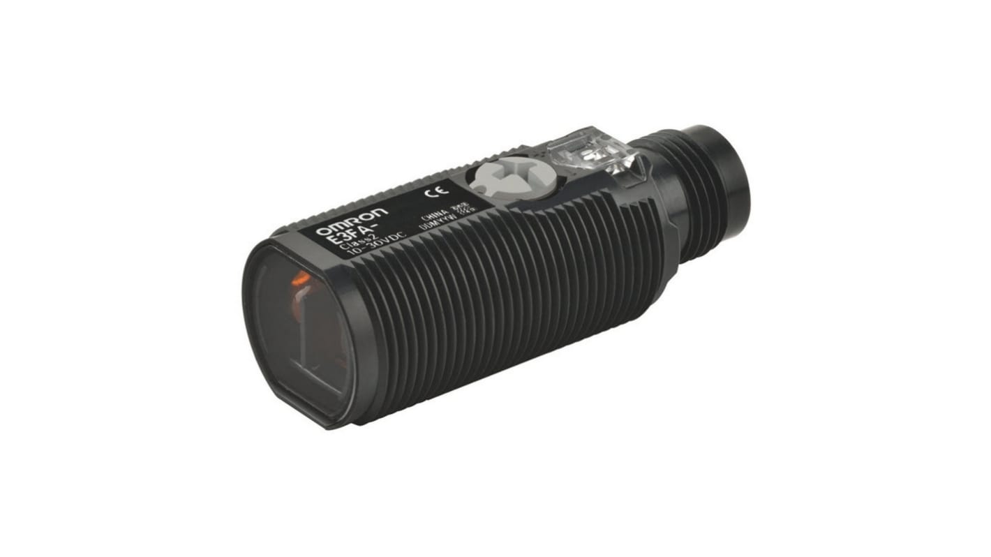 Sensore fotoelettrico cilindrico Omron E3FA-DP25-1, rilevamento fino a 300 mm, uscita PNP, robusto e impermeabile.