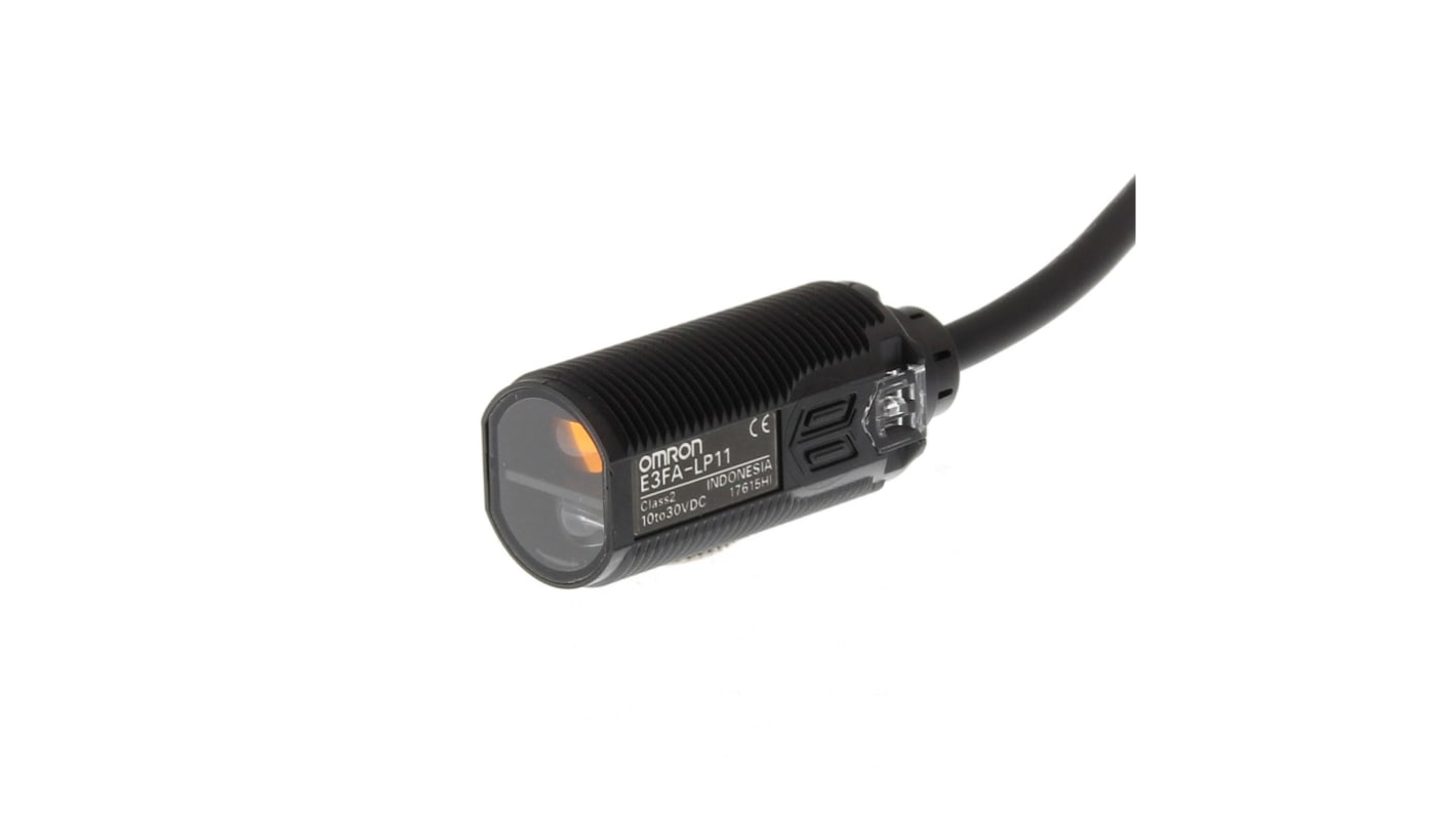 Sensore fotoelettrico cilindrico Omron E3FA-LP11-F2 2M, rilevamento 100 mm, uscita PNP, robusto e impermeabile.