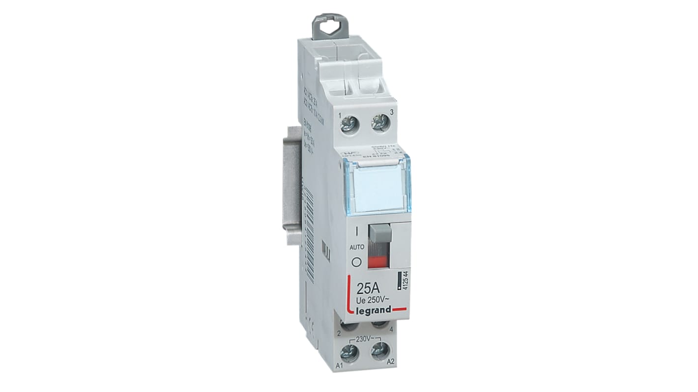 Contattore Legrand 412544, 2 poli 2NO, 25 A, 230 V, colore grigio, resistenza agli urti IK04, modulare.